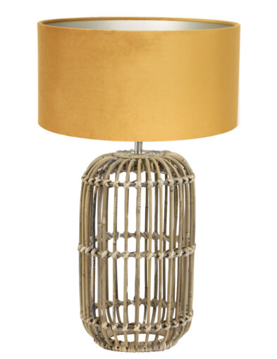 Rattan Tischlampe mit Ockergoldem Schirm beige-7023B
