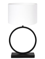 Runde Tischlampe mit weißem Leinenschirm schwarz-8482ZW