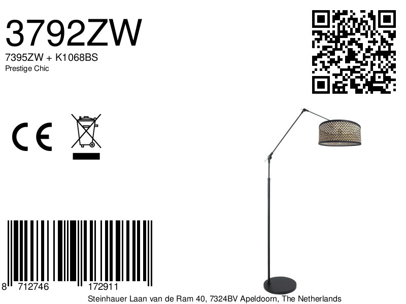 Moderne schwarze Bogenlampe mit Rattanschirm Steinhauer Prestige Chic – Bild 7