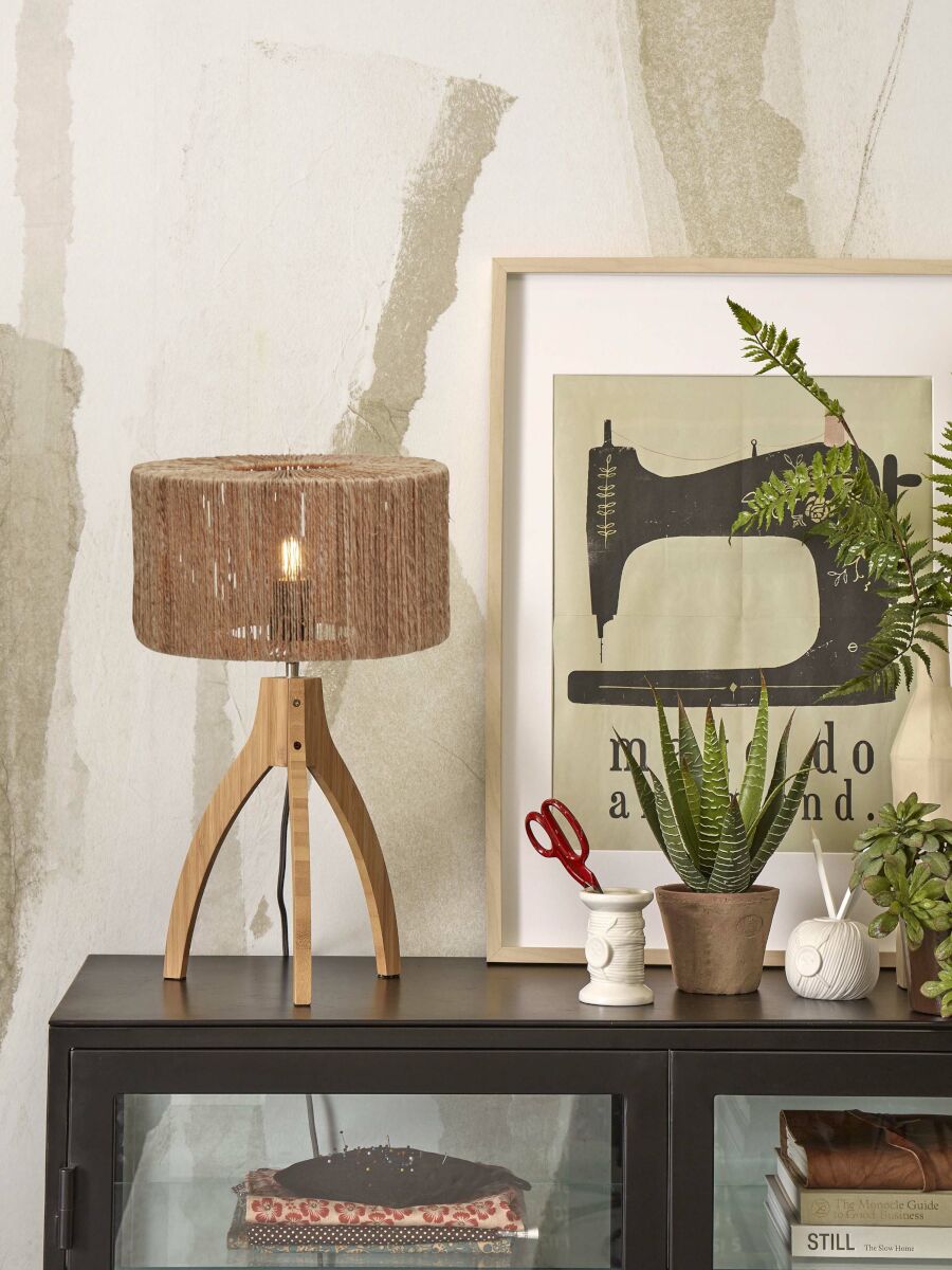 Fine Asianliving Bambus Spirale Tischlampe – Handgefertigt, Braun, 37x37x40 Cm